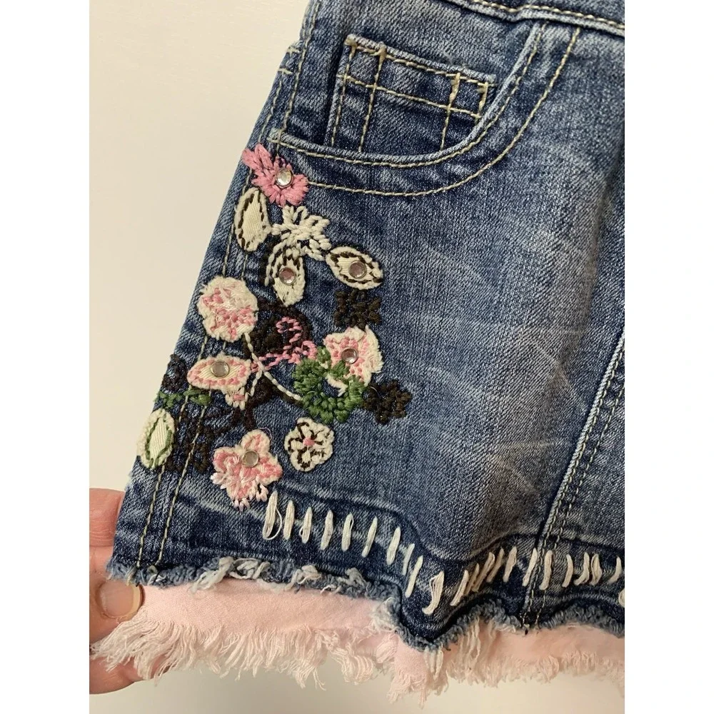 Hannah Banana Girls Denim Mini Skirt Floral Embroidered Pink Fringe 3T H2974